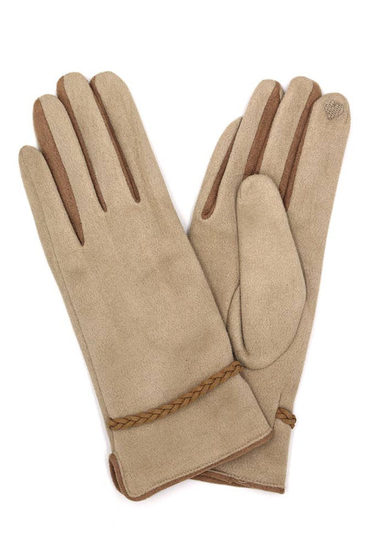 Braided Band Trim Suede Smart Winter Gloves: Beige