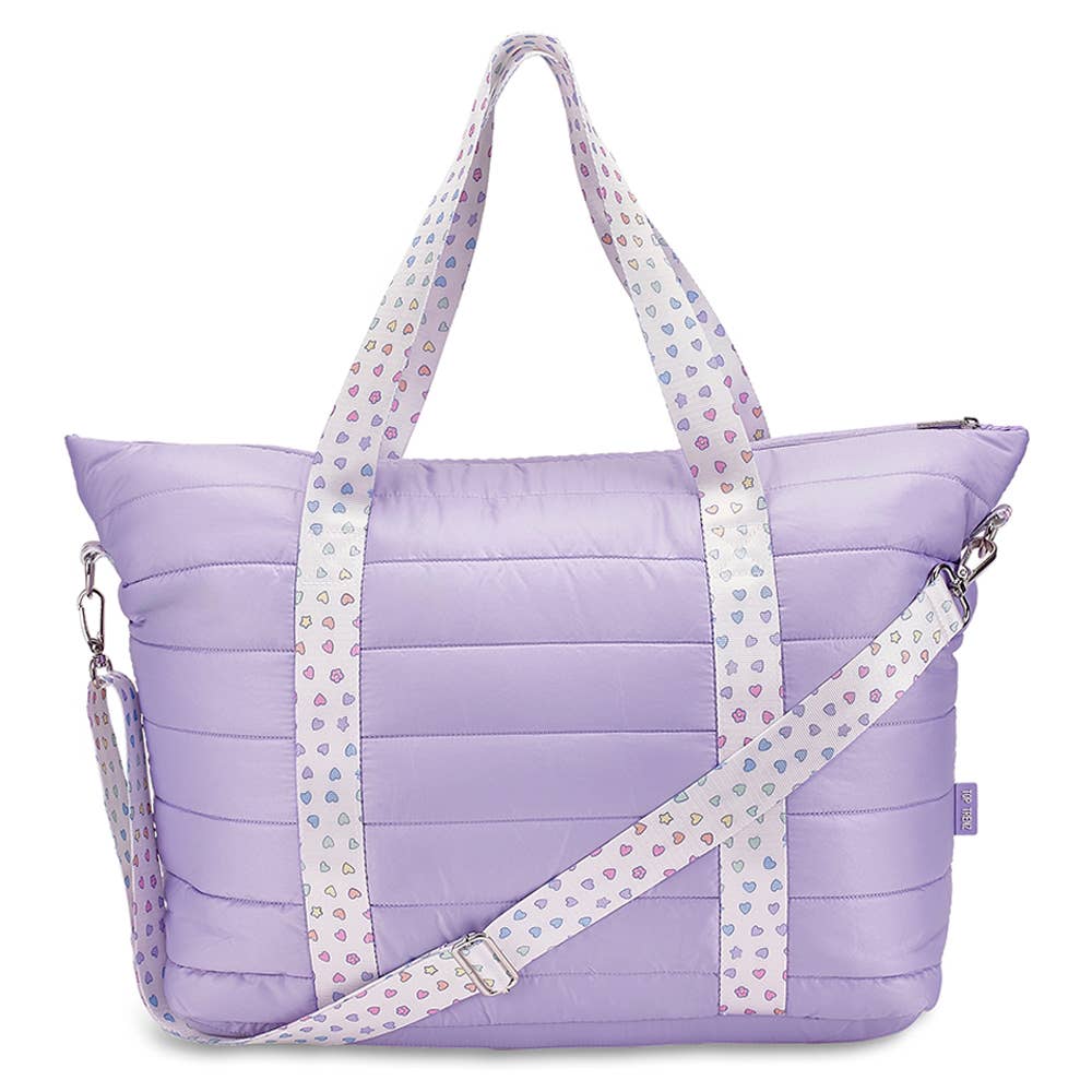 Purple Puffer Tote with Rainbow Heart Straps
