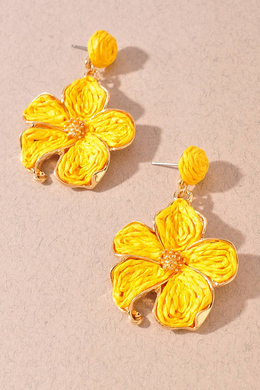Woven Raffia Floral Statement Earrings: Yellow