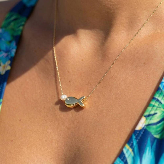 Pearl Bead And Fish Charm Dainty Chain Necklace: G