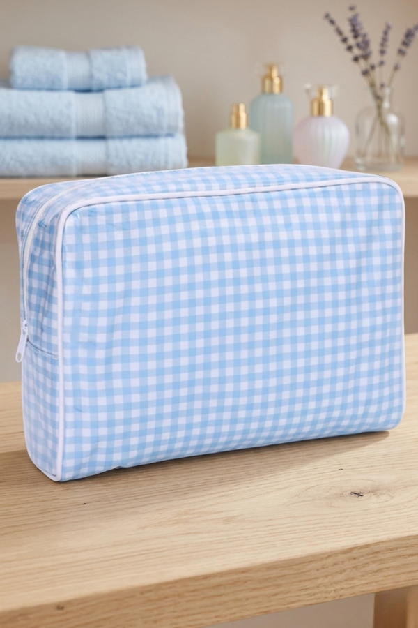 Eleanor Blue Gingham Clear Coat Cosmetic Bag