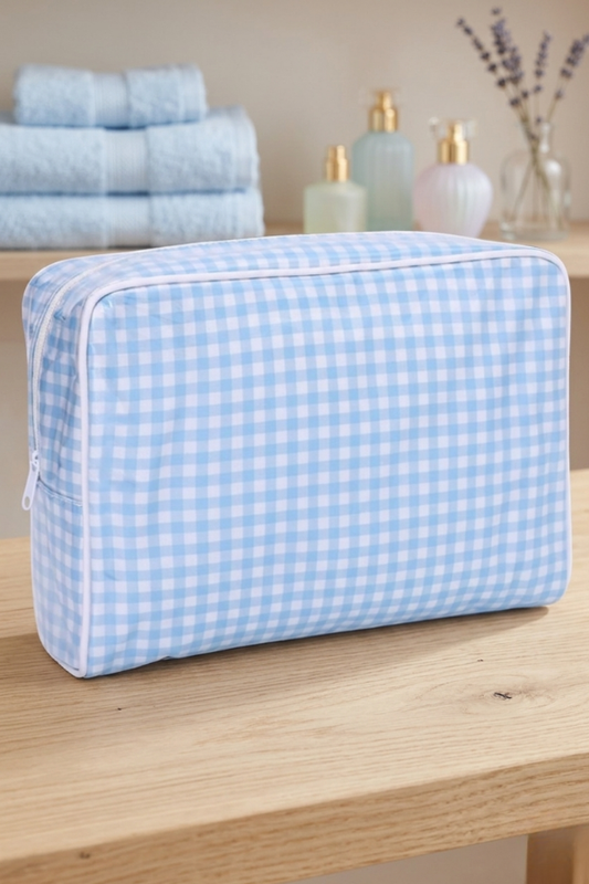 Eleanor Blue Gingham Clear Coat Cosmetic Bag