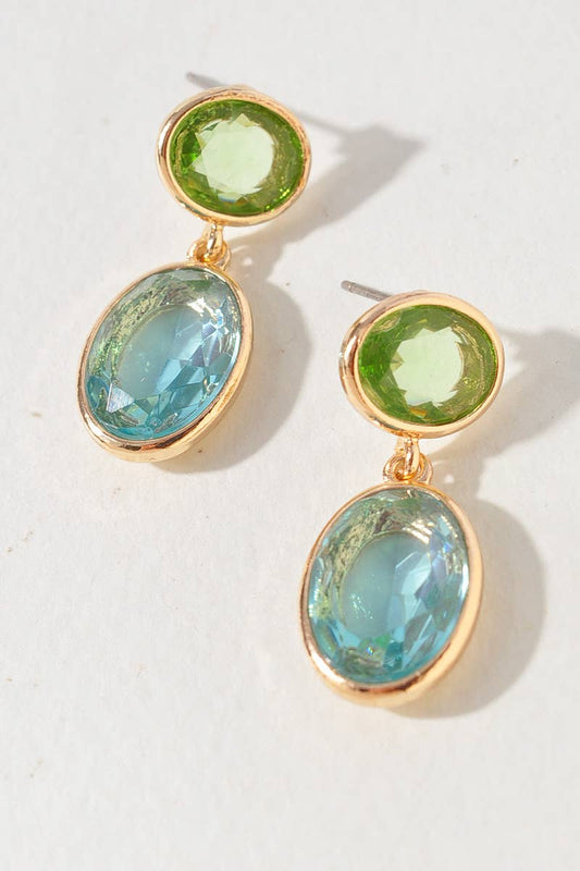 OVAL ROUND CRYSTAL LINK DANGLE EARRINGS: Blue