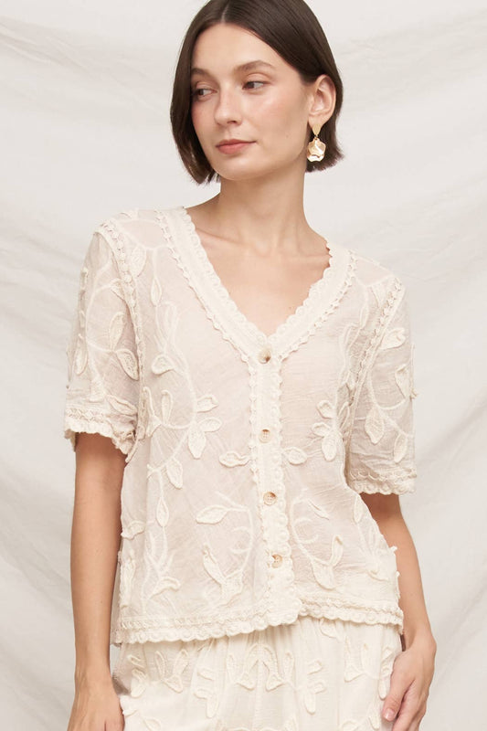 Textured Floral Embroidered Top: Cream