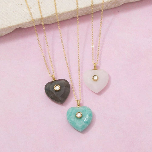 Stainless Steel Stone Heart Crystal Accent Pendant Necklace: LGN