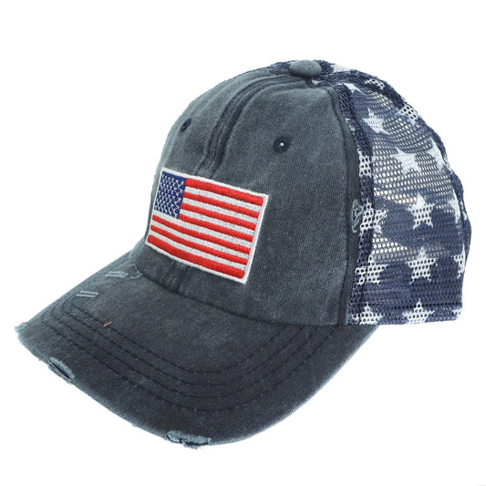 USA Flag Embroidered Relaxed Denim Trucker Hat: Navy