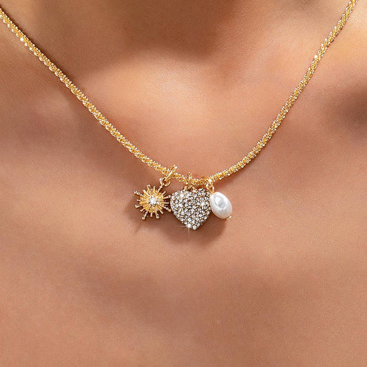 Celestial Heart & Pearl Charm Necklace | Gold
