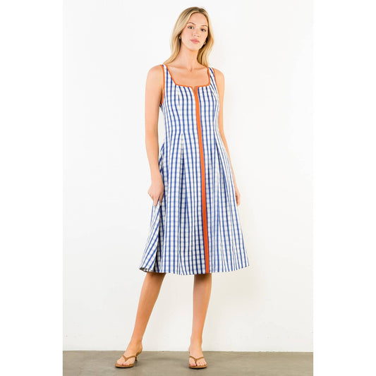 Thin Strap Gingham Pattern Dress in Navy