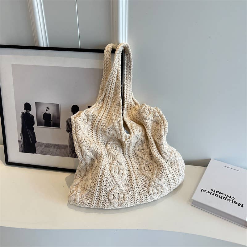 Crochet Tote Bag Hand-Woven Wool Bag: Ivory