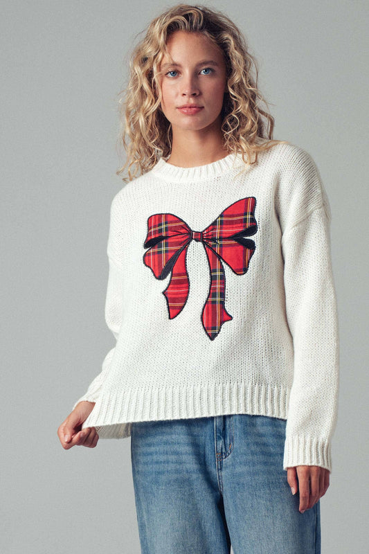 Plaid Bow Patch Knit Sweater: Ivory