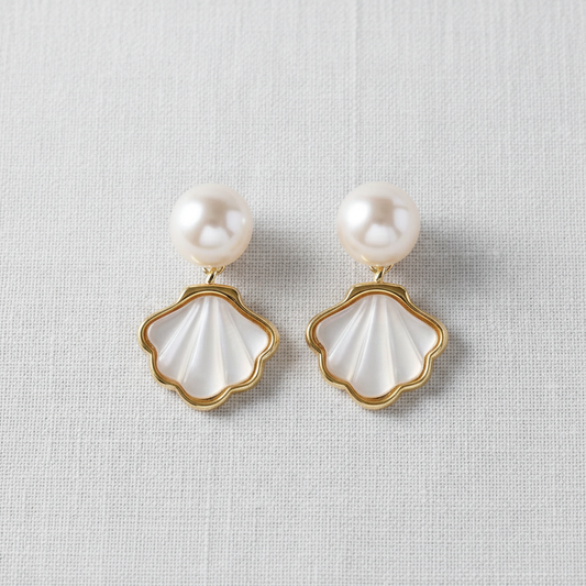 Pearl Stud Earrings with Shell Accents