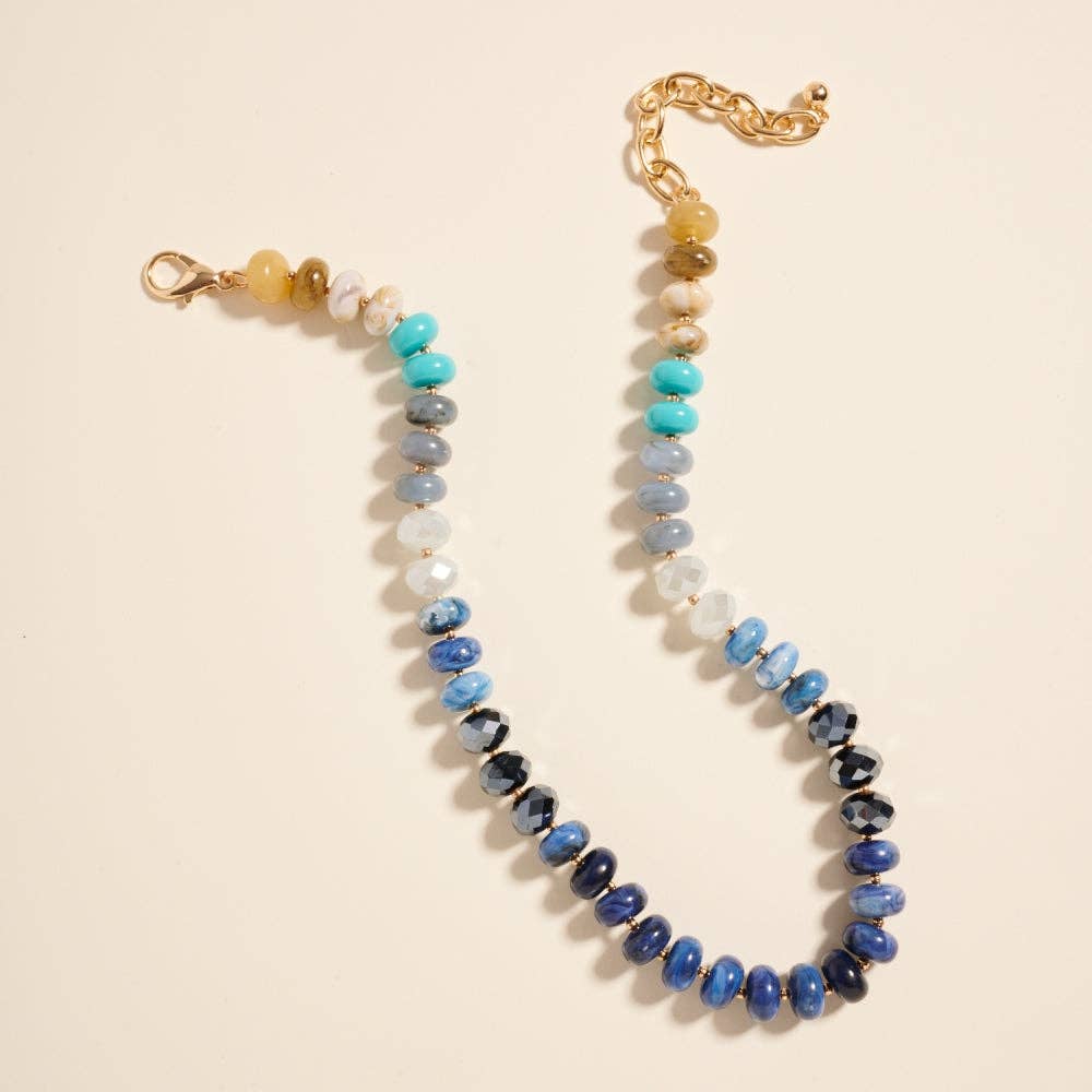 Marbled Ombre Resin Oval Disk Beaded Necklace: Blue / ONE