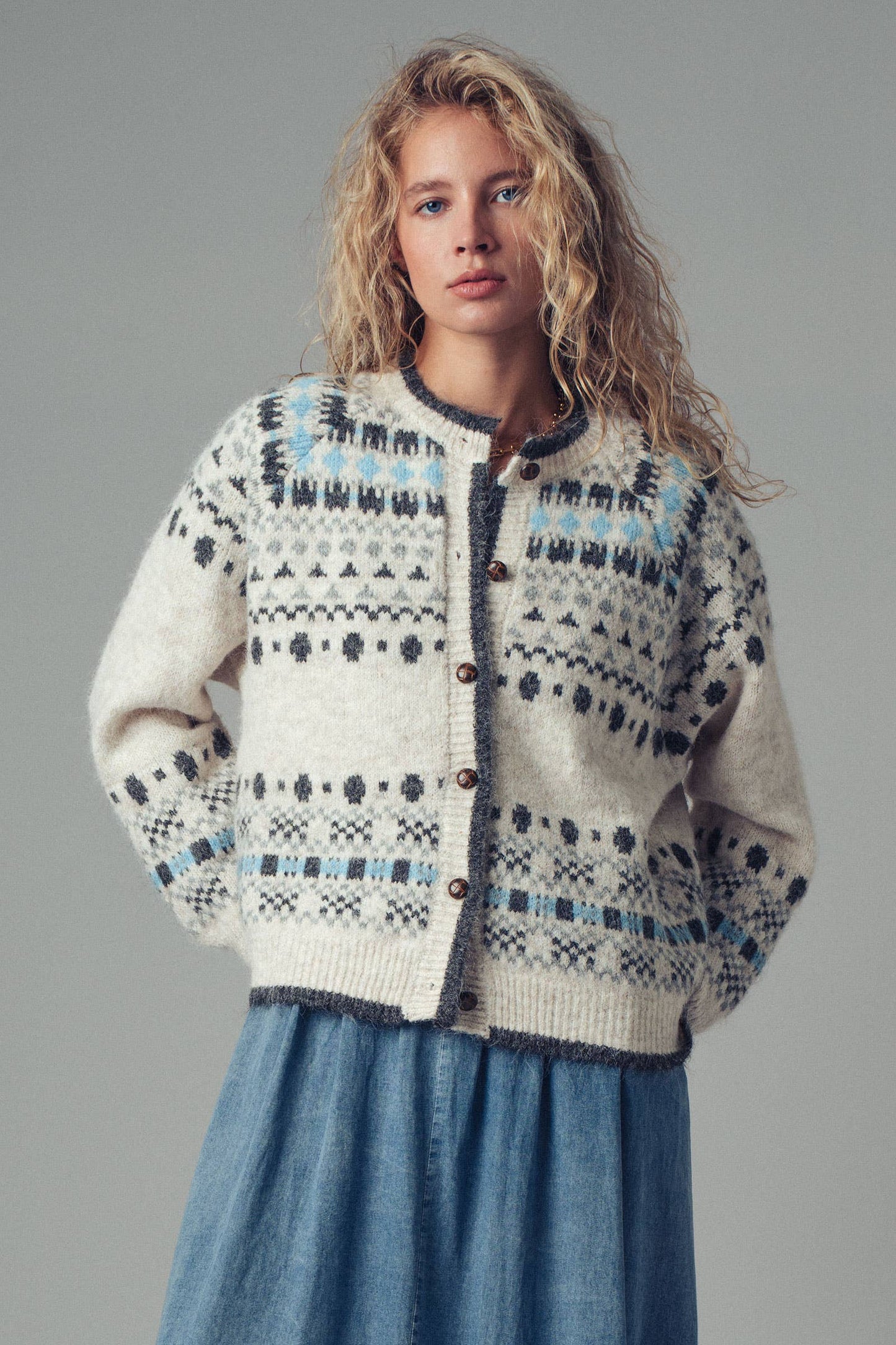 Nordic Pattern Button-up Knit Cardigan: Ivory