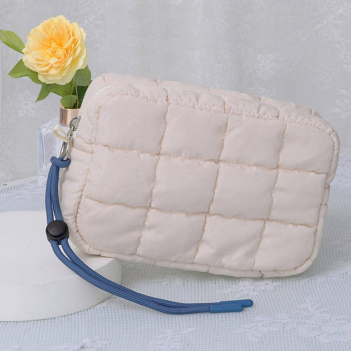 Nylon Quilted Puffer Clutch/Pouch: Ivory