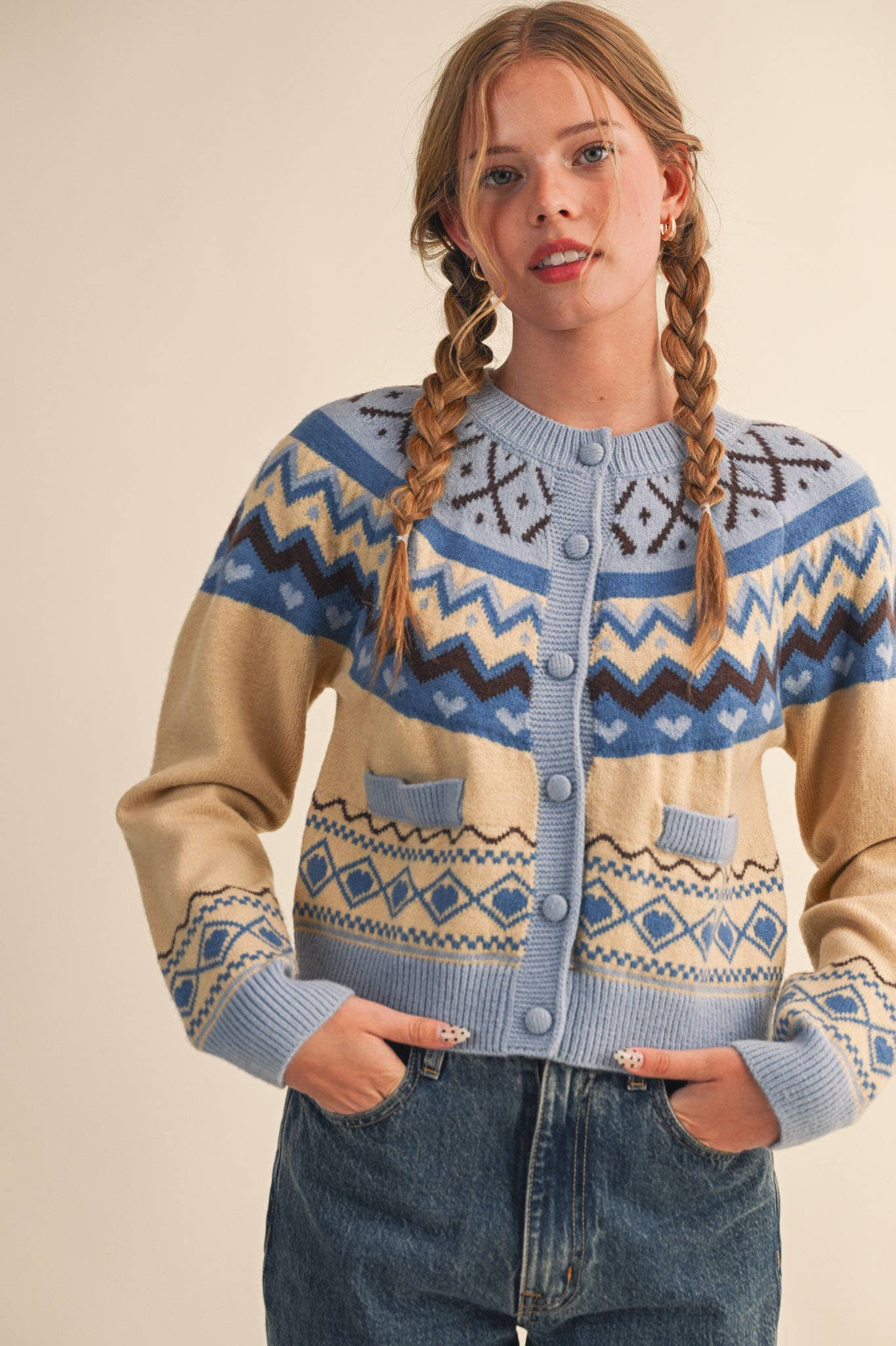 Fair Isle Heart Sweater Cardigan: Blue Brown