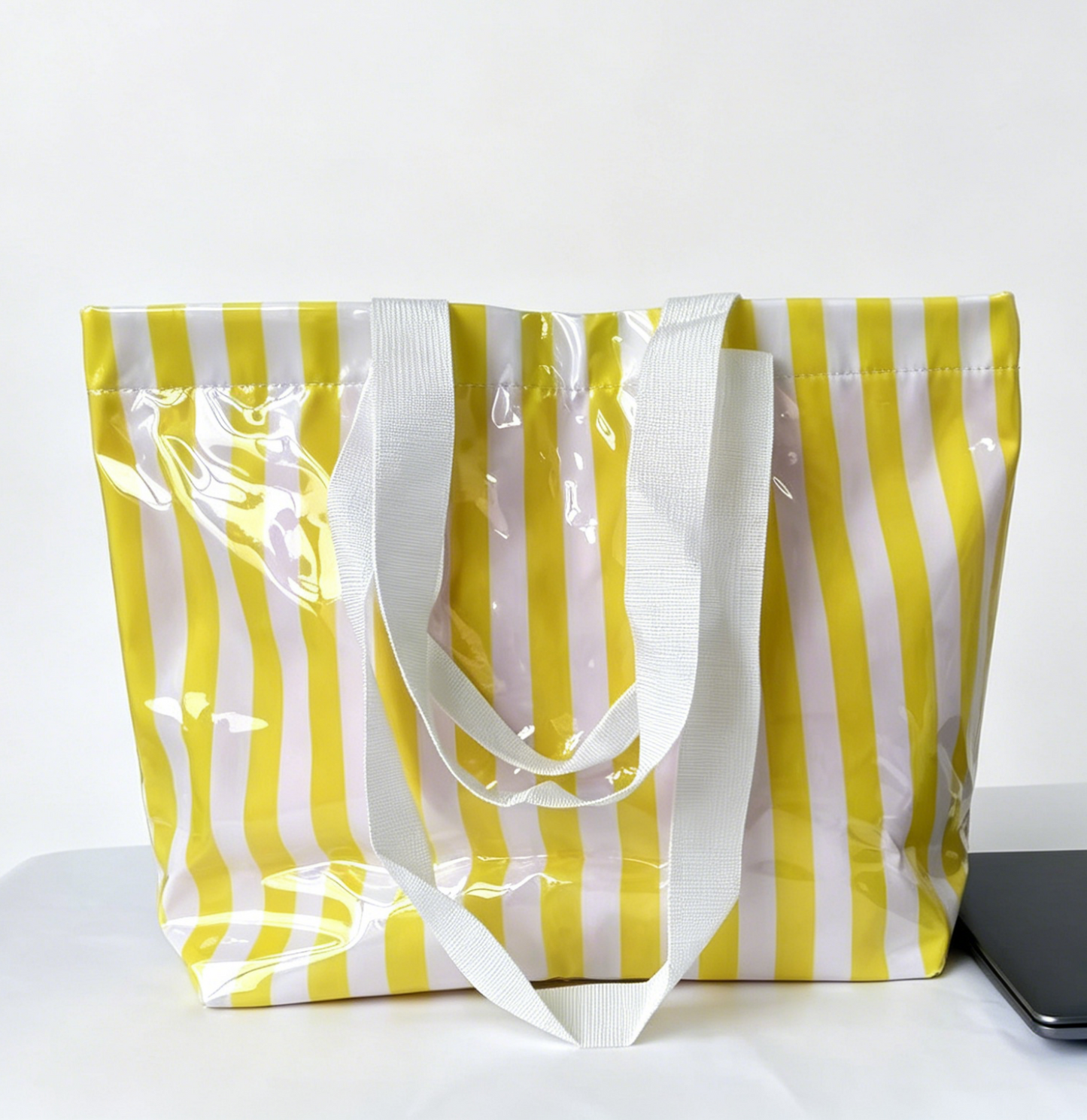 Color Block Striped Tote Bag Waterproof Beach Shoulder Bag: Yellow / M