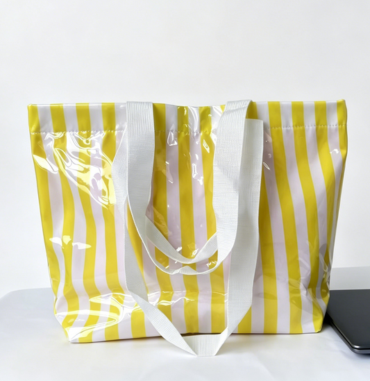 Color Block Striped Tote Bag Waterproof Beach Shoulder Bag: Yellow / M