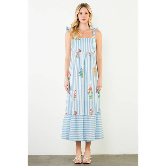 Tie Straps Striped Floral Pattern Midi Dress: BLUE
