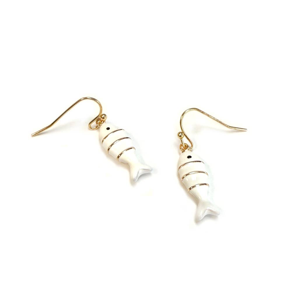 Color Enamel with Gold Lined sardine fish dangle earrings: White