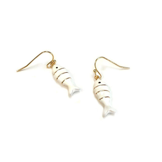 Color Enamel with Gold Lined sardine fish dangle earrings: White