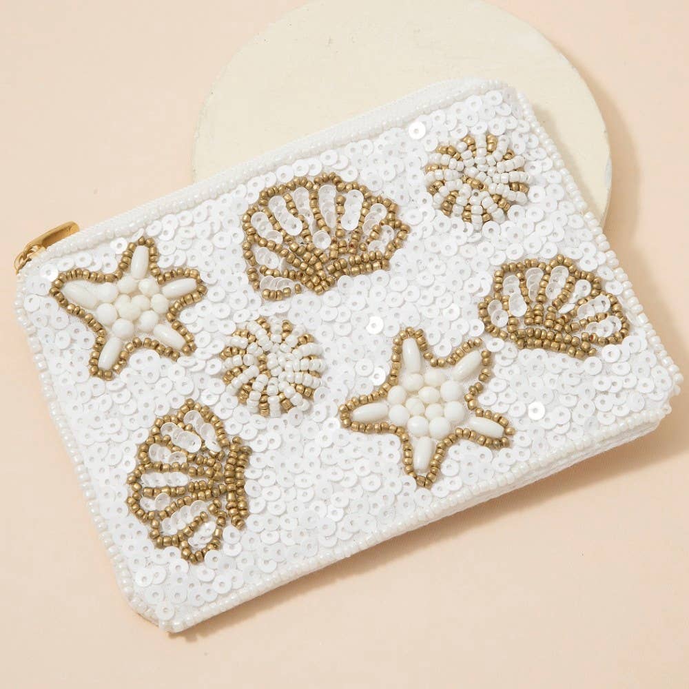 Starfish Clams And Sea Life Seed Beaded Coin Purse: MULTI