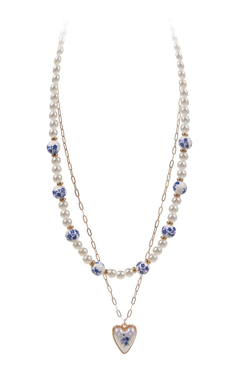 Pearl Ceramic Bead Flower Heart 2 Layered Necklace: GD / ONE