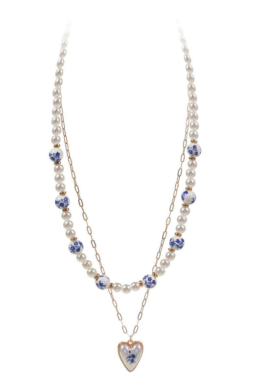 Pearl Ceramic Bead Flower Heart 2 Layered Necklace: GD / ONE