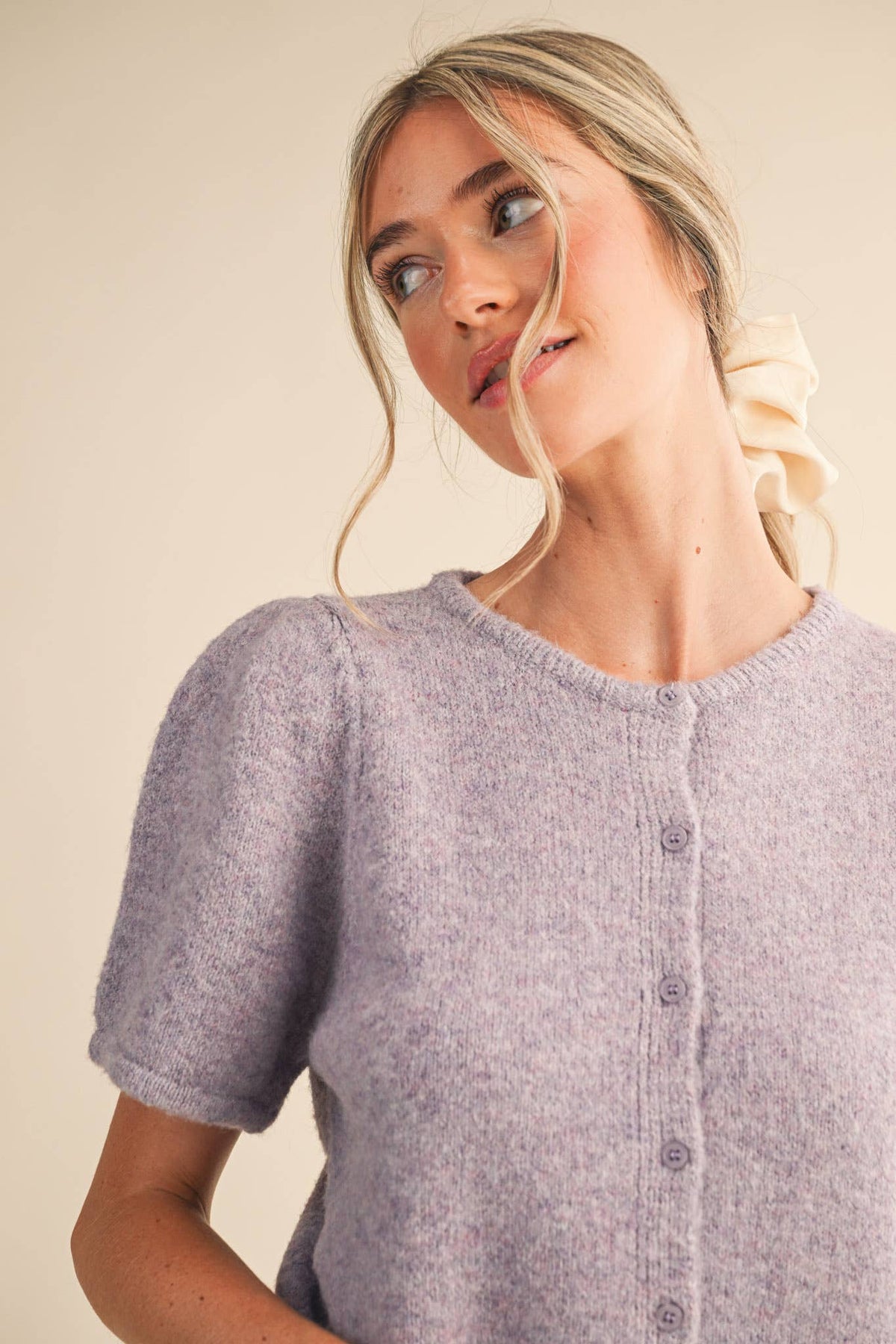 Short Puff Sleeve Sweater Cardigan: Lavender