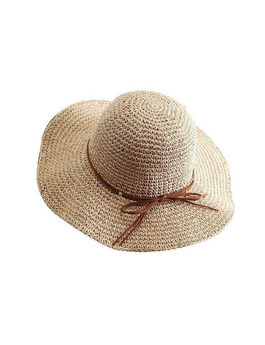 Retro Bow Tie Breathable Straw Fisherman Hat: Beige