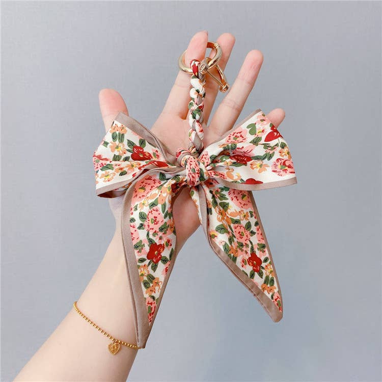Fashion Silk Scarf Bow Bag Accessories Keychain: Coffee / M