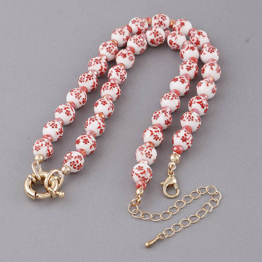 Flower Beaded Necklace: Red