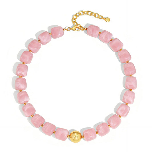 Women  Square Resin Bead Necklace With Gold Ball Detail: Pink / M