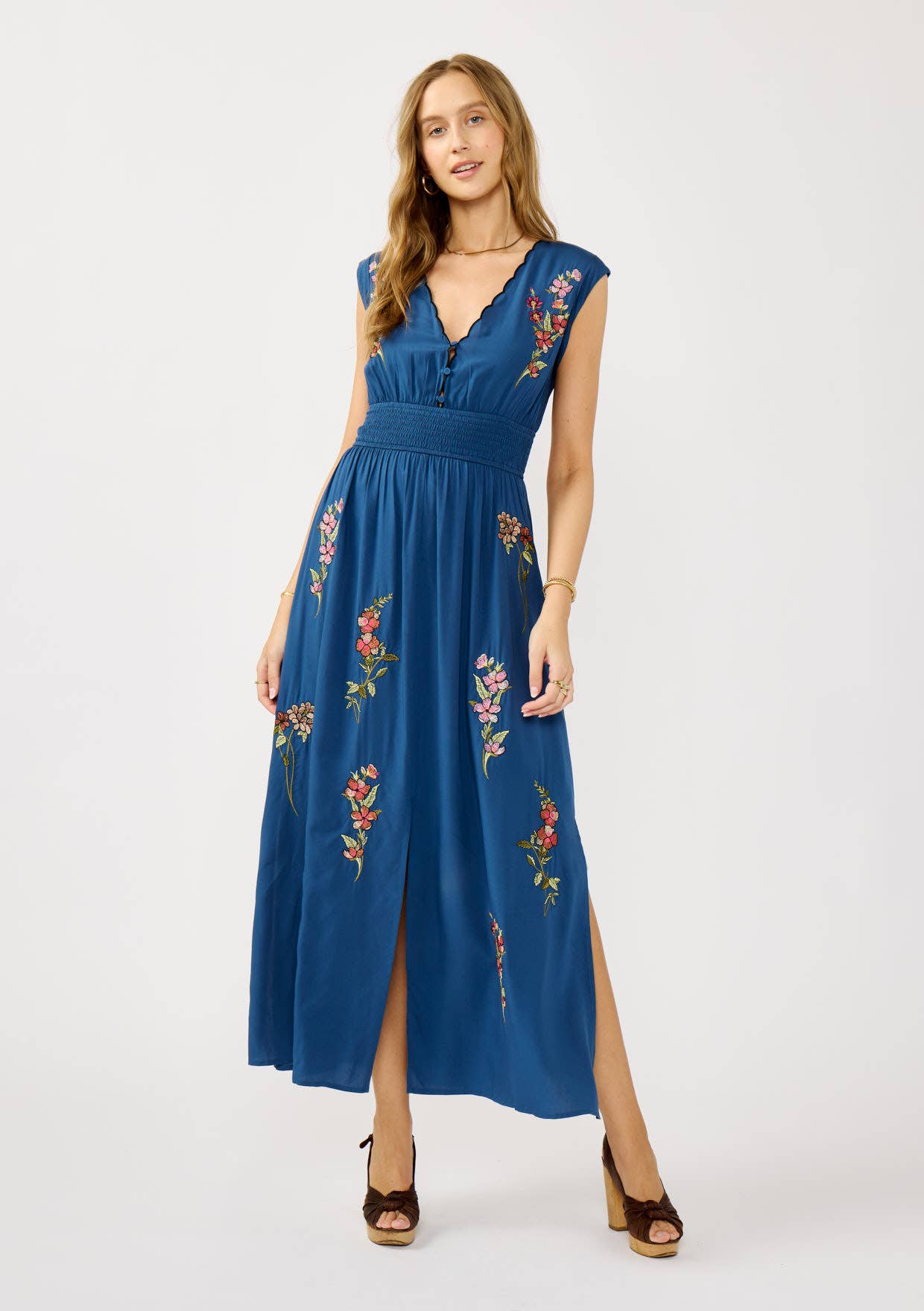Floral Scalloped Embroidered Maxi Dress: Navy