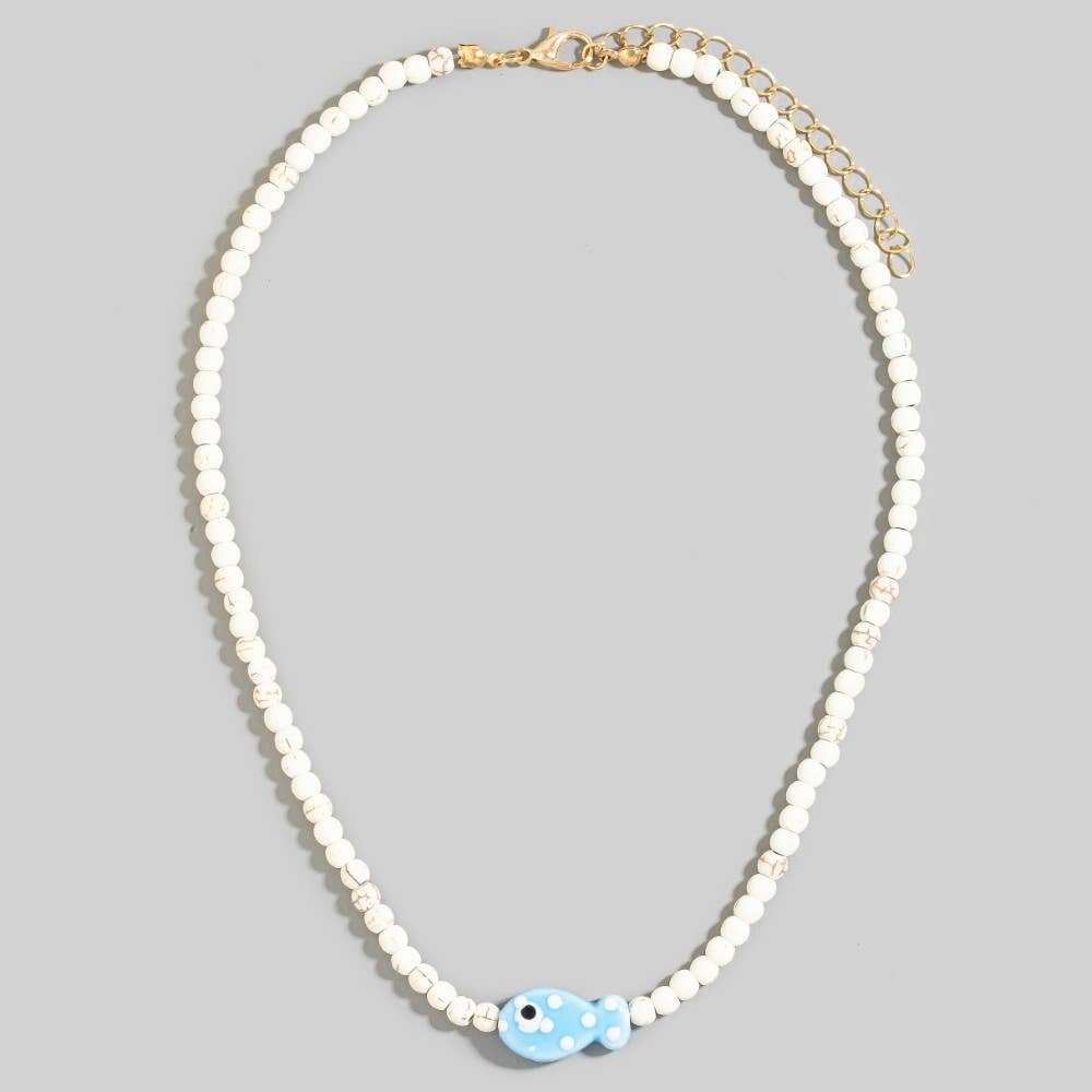 Ceramic Fish Pendant Ball Beaded Necklace Yellow