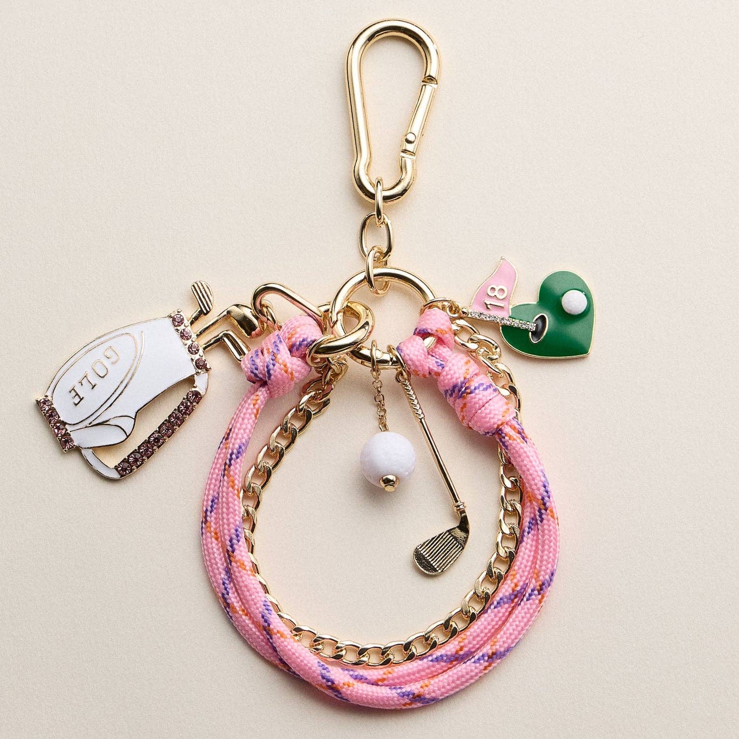 Pink Golf Charm Keychain Bracelet – Beaded Wristlet with Golf Bag & Flag Charms: PK / ONE