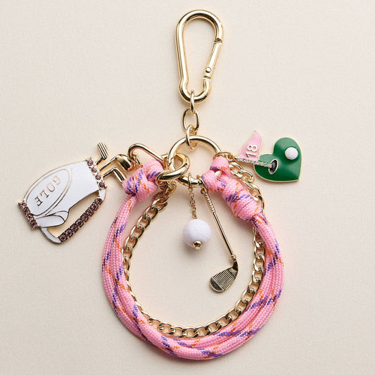 Pink Golf Charm Keychain Bracelet – Beaded Wristlet with Golf Bag & Flag Charms: PK / ONE