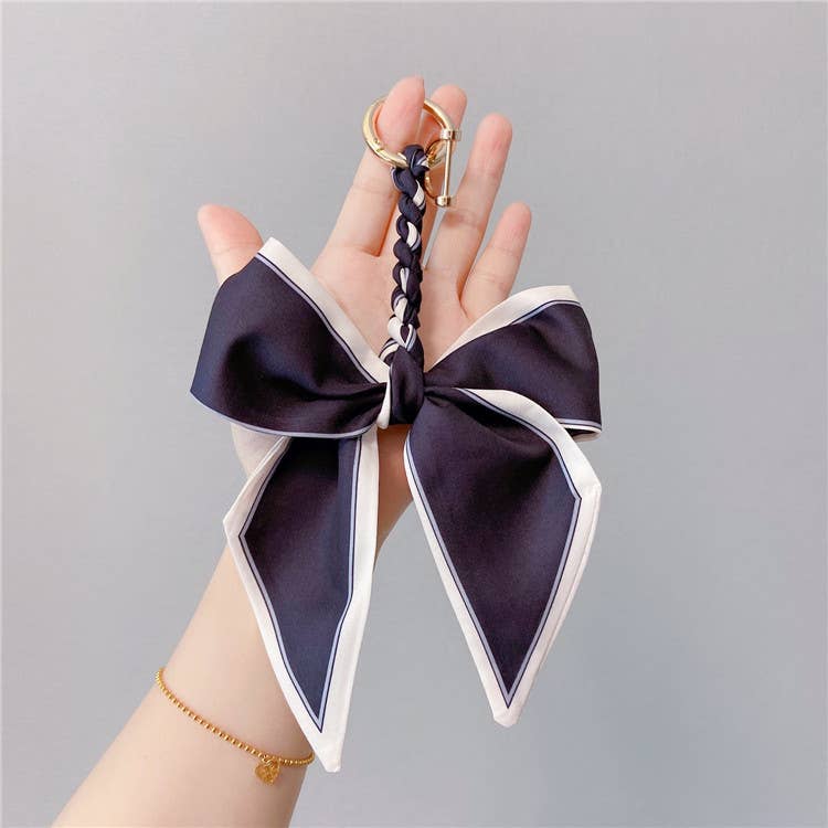 Fashion Silk Scarf Bow Bag Accessories Keychain: Black / M