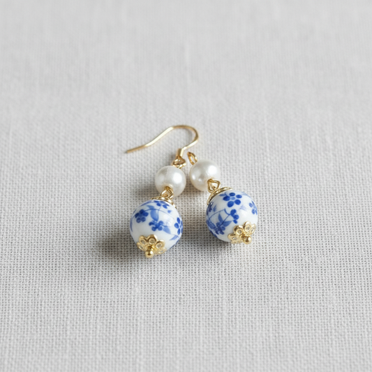Blue and White Ceramic and Pearl Drop Earrings