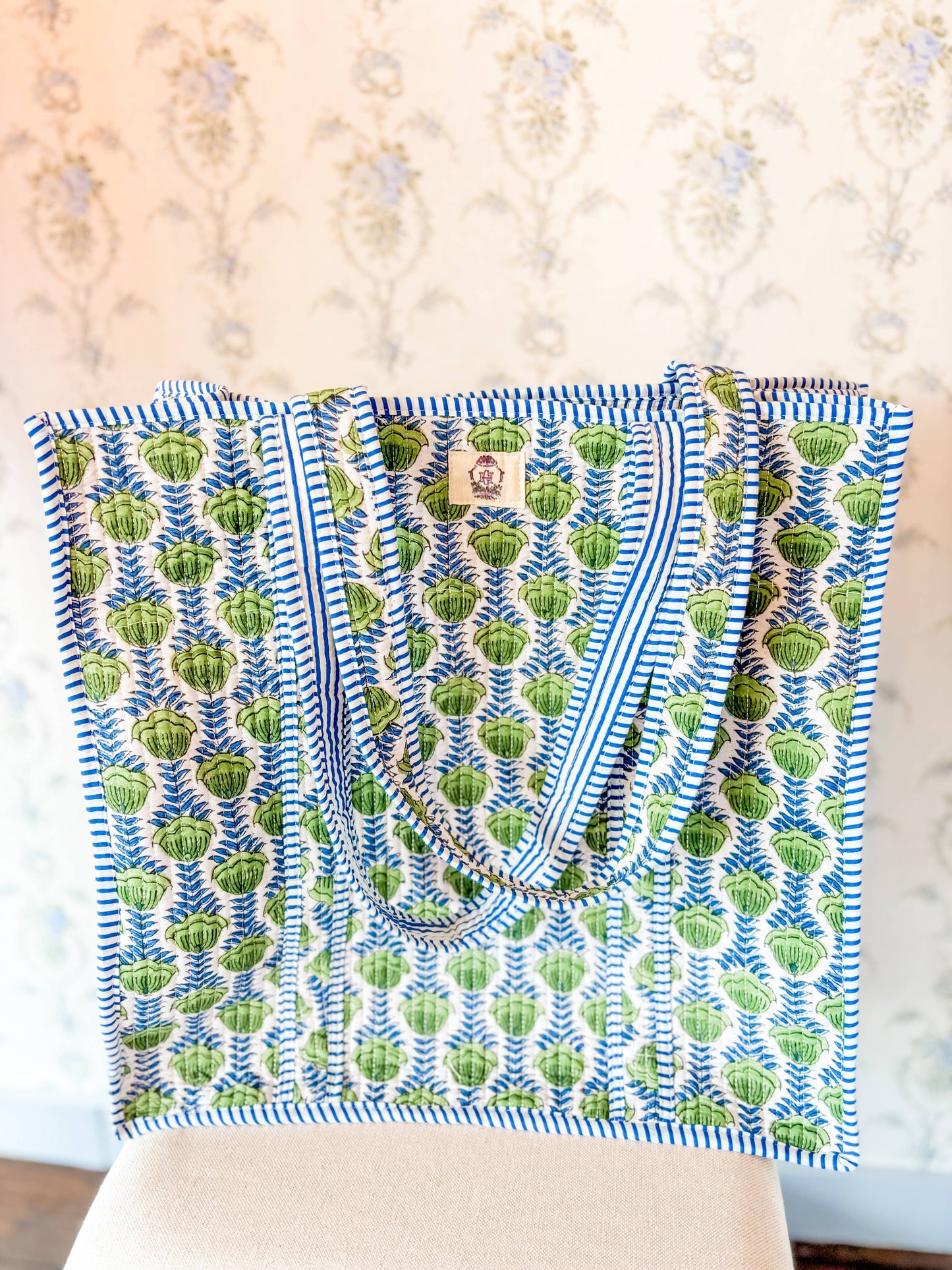 Green Blooms | Large Quilted Tote Bag 