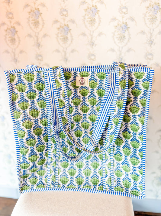 Green Blooms | Large Quilted Tote Bag 