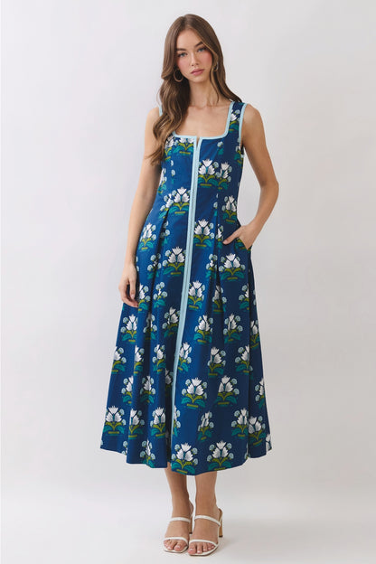 Floral Border Trim Square Neck Midi Dress in Navy