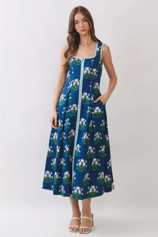 Floral Border Trim Square Neck Midi Dress in Navy