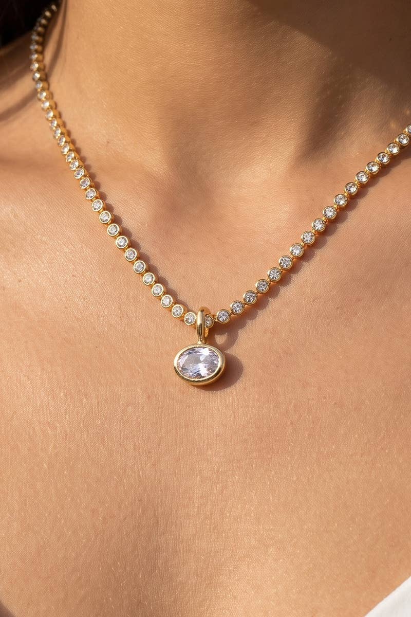 Bezel Cz Tennis Chain Oval Pendant Necklace: GOLD