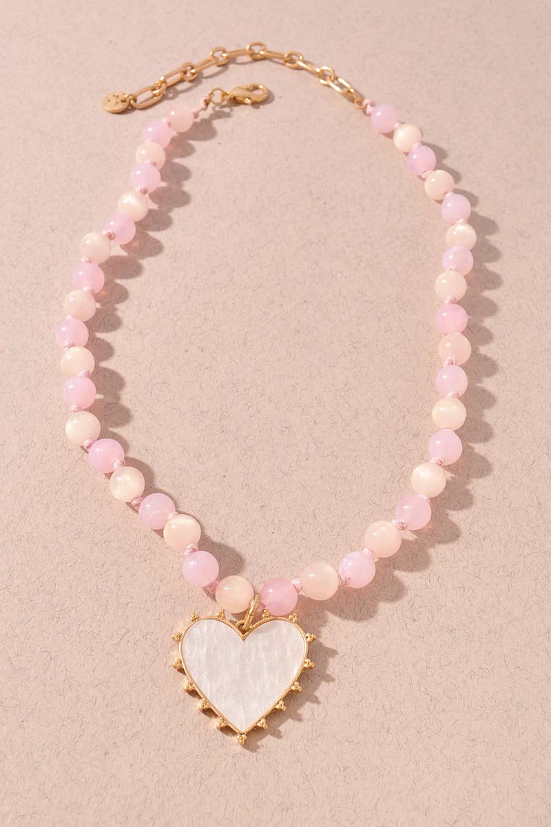 BEADED HEART PENDANT NECKLACE: Pink