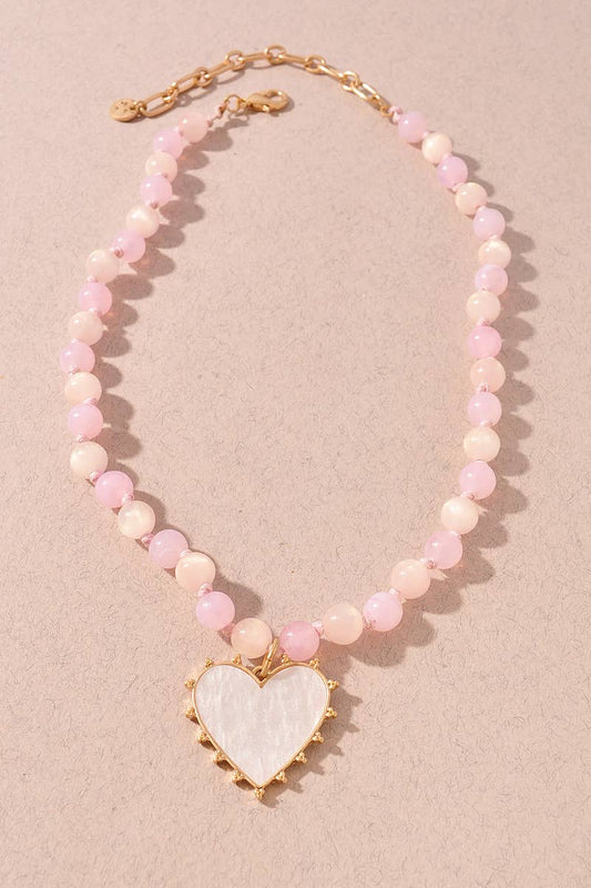 BEADED HEART PENDANT NECKLACE: Pink
