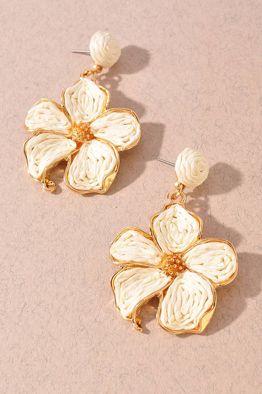 Woven Raffia Floral Statement Earrings: Ivory