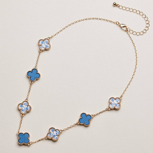 Blue Porcelain Clover Station Necklace: BLU / ONE