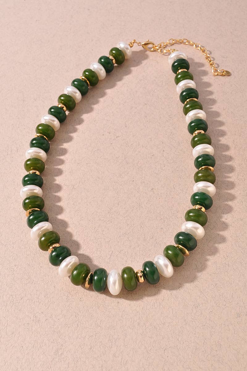 Resin & Pearl Beaded Necklace: Dark olive