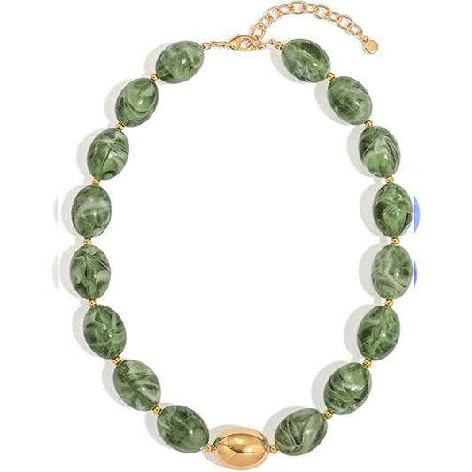 Oval Resin Bead Choker Necklace Beach Vacation Style: Green / M