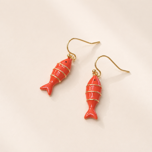 Color Enamel with Gold Lined sardine fish dangle earrings: Orange